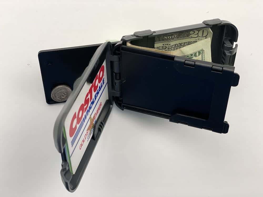 Flipside 4 wallet open with cash, coins, and cards