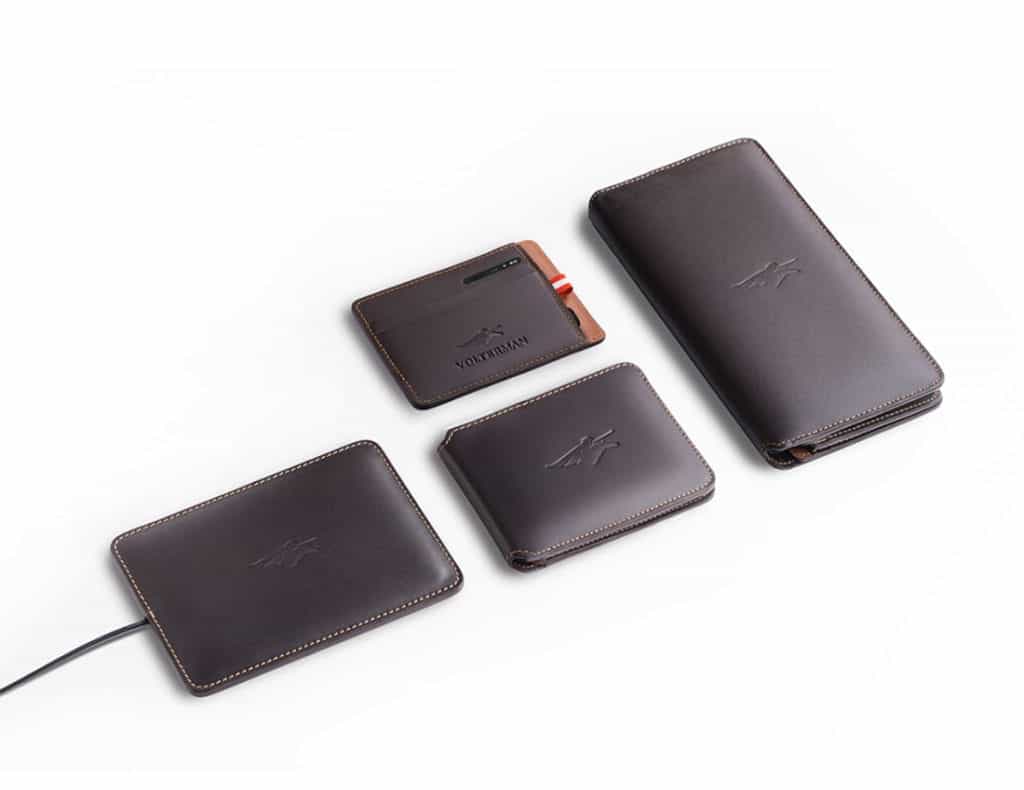 Several different models of the Volterman smart wallet. Smart wallets with GPS tracking.