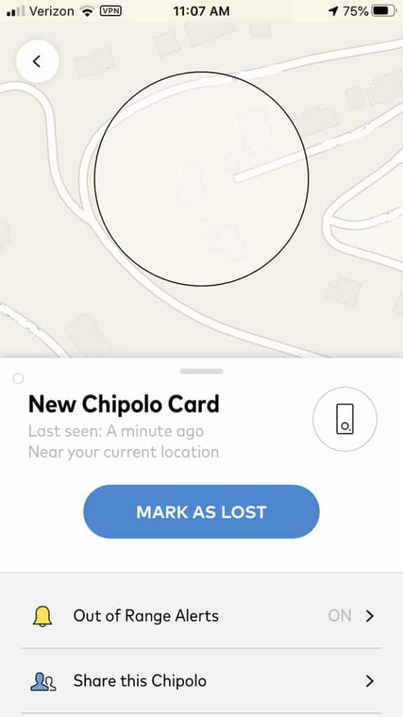 Chipolo CARD Mark as lost screen