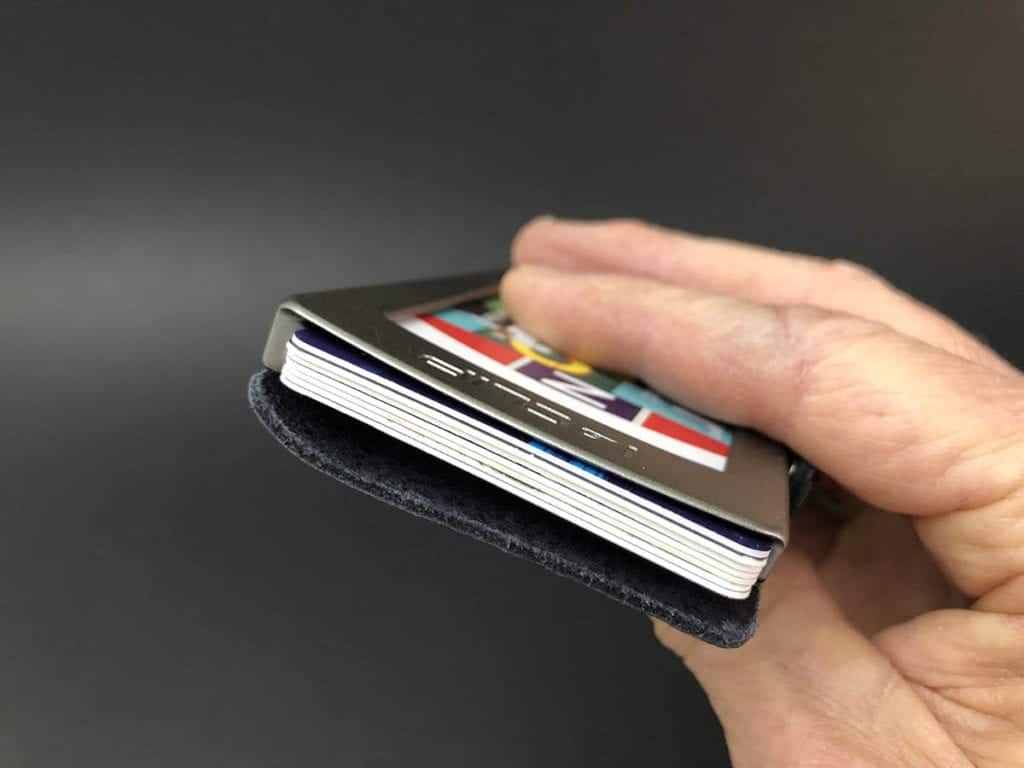 I-clip wallet showing stack of 7 cards inside.