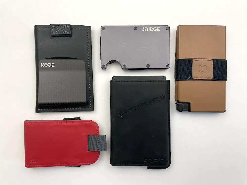 kore, ekster, fidelo, distil, ridge wallets together