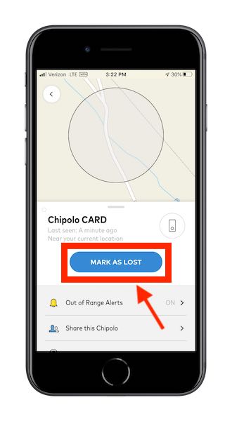 Chipolo mark as lost screen in phone