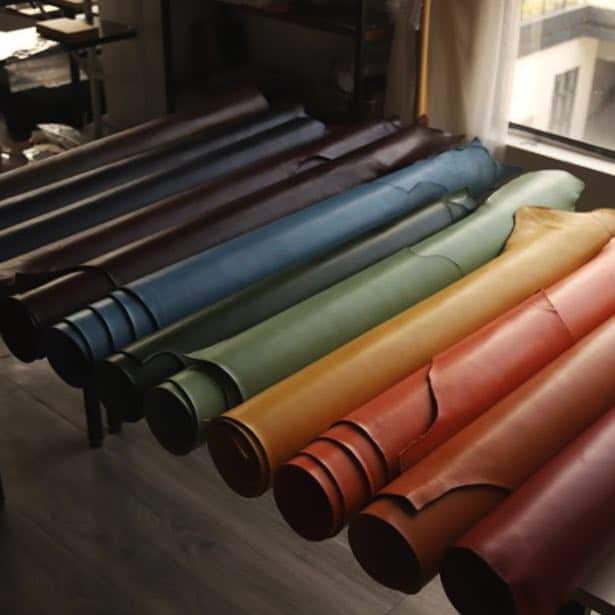 rolls of veg tan full-grain leather