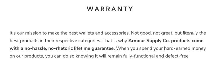 Armour Supply Co lifetime warranty