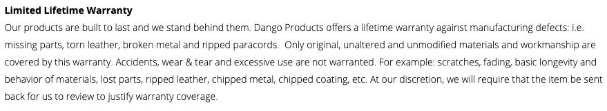 Dango lifetime warranty text