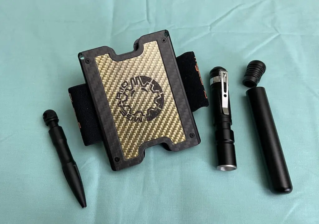 Mgear wallet with pen, flashlight, stash tube