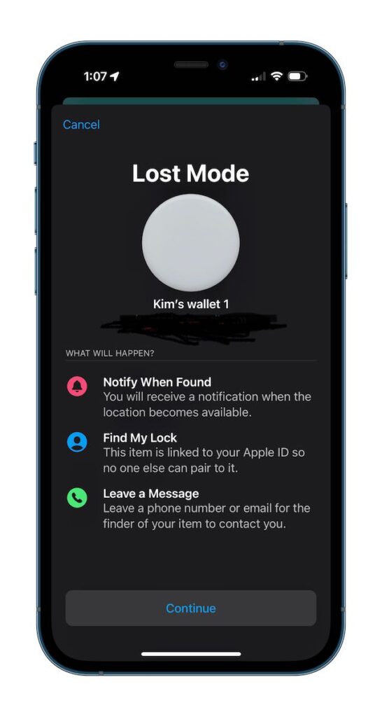 Find My lost mode screen