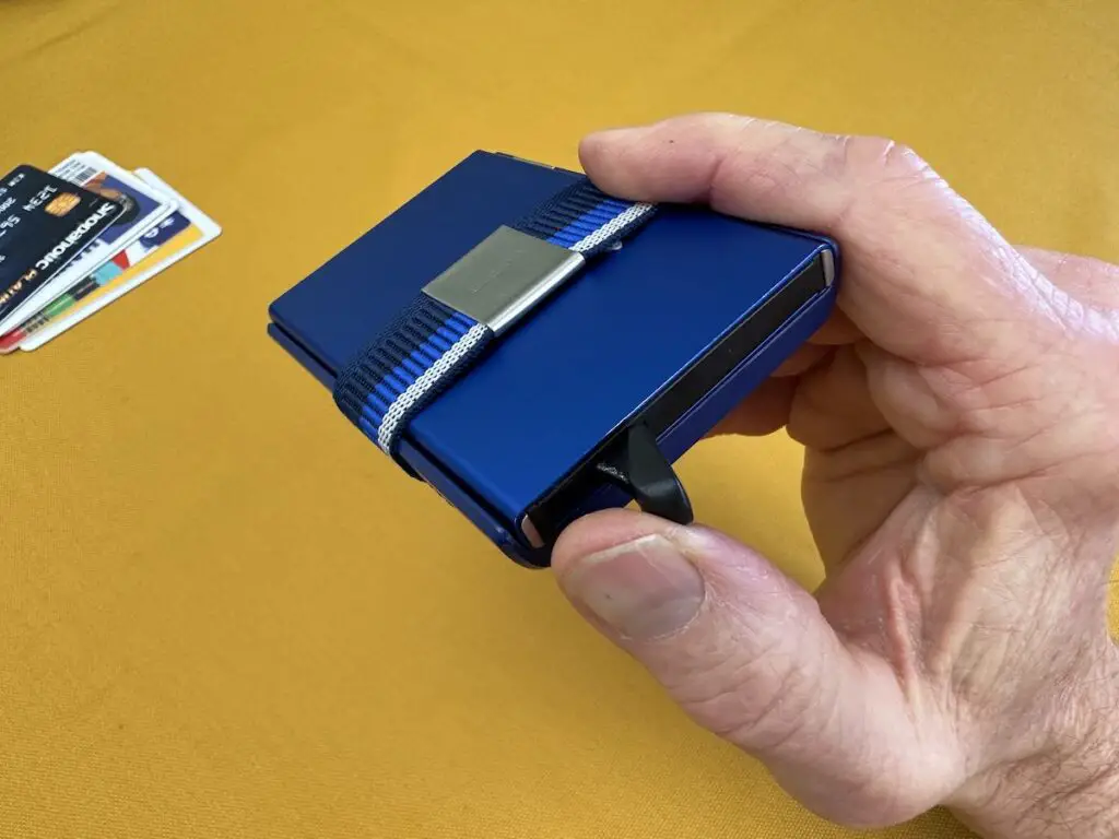 Secrid Cardslide wallet showing trigger on bottom.
