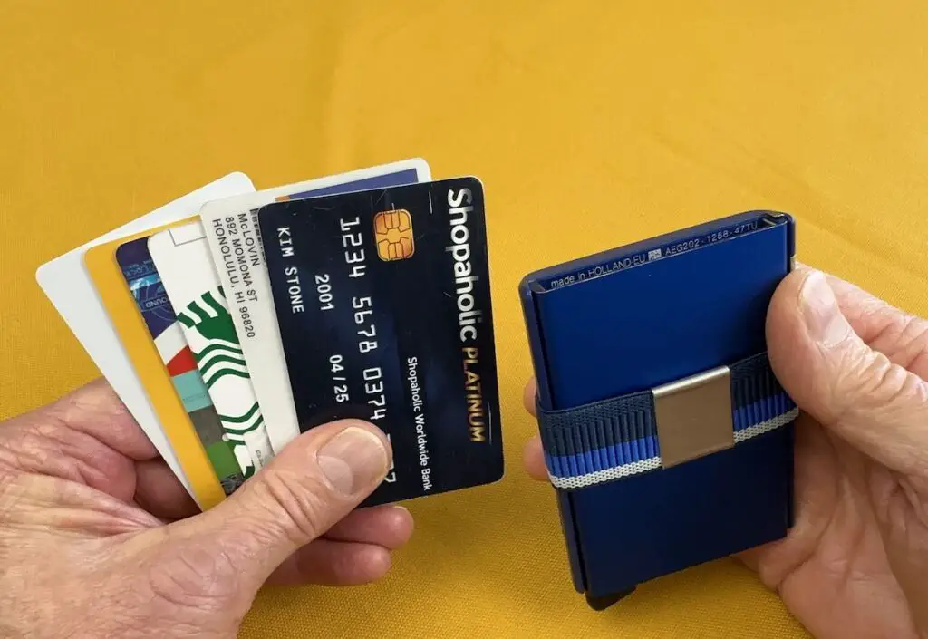 Secrid cardslide wallet with cards fanned outside wallet. 